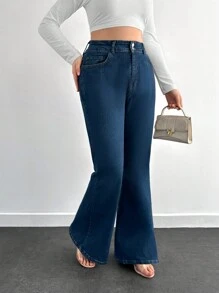 EURMUSE 98%Cotton Ladies Plus Size Flared Jeans With Slant Pockets - Dark Wash - View 5