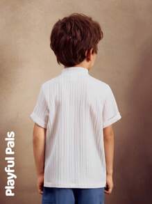 SHEIN 1pc Boys' Textured Fabric Standing Collar Pocket Gentleman Design Casual Shirt, Cute/Retro/Fun, Suitable For Any Occasion, Spring/Summer Outfits - White - View 2