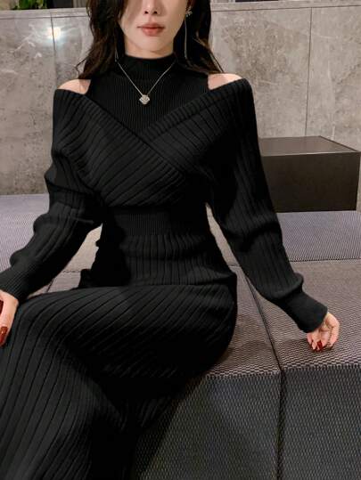 DAZY 女士休闲纯色立领露肩毛衣裙秋冬装，秋季女士服装舞会礼服