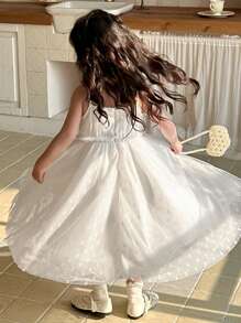 DAZY 年轻女孩无袖时尚网眼蓬蓬公主裙，年轻女孩秋装 - 白色 - 查看 1