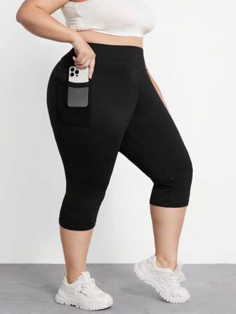 SHEIN CURVE+ Plus Size Casual Solid Color High Waisted Side Pocket Capri Leggings