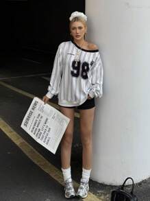 Muchica Women's New Numeral Print Striped Off Shoulder Sweatshirt - White - View 3