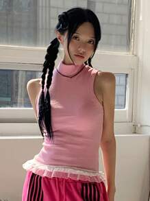 DAZY 女士纯色蕾丝下摆高领无袖背心，春夏 - 粉色 - 查看 3