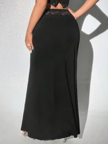 Viva Relle Falda elegante de talla grande con dobladillo de cola de pez y encaje de contraste