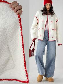 Forever 21 Chaqueta con capucha cálida con cierre de cremallera y estampado floral rojo y blanco - Albaricoque - Ver 1