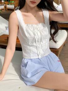 DAZY Maieu de damă, ocazional, de vacanță, boemă, de culoare solidă, cu textura legată, plisată, decupată, pentru vară - alb - Vizualizare 4