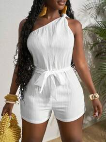 Slaydiva Spring/Summer New Music Festival Western Boho Easter Nashville Birthday Graduation Student Daily Casual All-Match Versatile Leisure Cruise Travel Beach Sunbathing One Shoulder Twist Cinched Waist Textured Fabric Cinched Waist Slimming White Women Jumpsuit