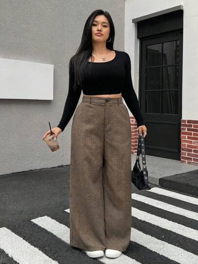 Muchica 秋冬大码女式休闲格子阔腿裤