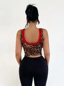 SHEIN SXY 女士时尚豹纹荷叶边吊带背心、情人节、夏季、猎豹印花、豹纹、情人节、外出上衣、可爱上衣、女士外出上衣、老款女士 - 彩色 - 查看 3