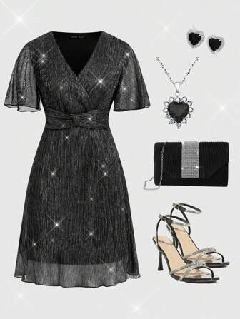 Ellevyn Spring And Summer, Valentine's Day,Elegant Women's Short Sleeves With Lotus Leaf Sleeves, Black Shiny And Sparkling, With A Slide Silk Waist Cinching A Line Dress,Glitter V-Neck Elegant Short Sleeve Dress