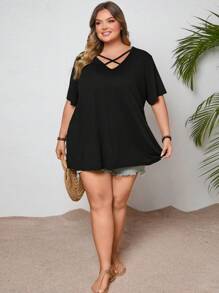 SHEIN CURVE+ Plus Casual Solid Criss Cross Front Tee - Black - View 7