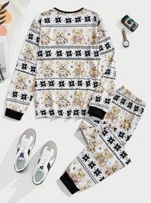 Manfinity Men's Bear Print Long Sleeve & Pants Pajama Set