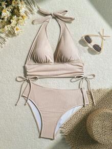 Swim Chiccia Bikini de un solo color sencillo para vacaciones en la playa - Caqui - Ver 1