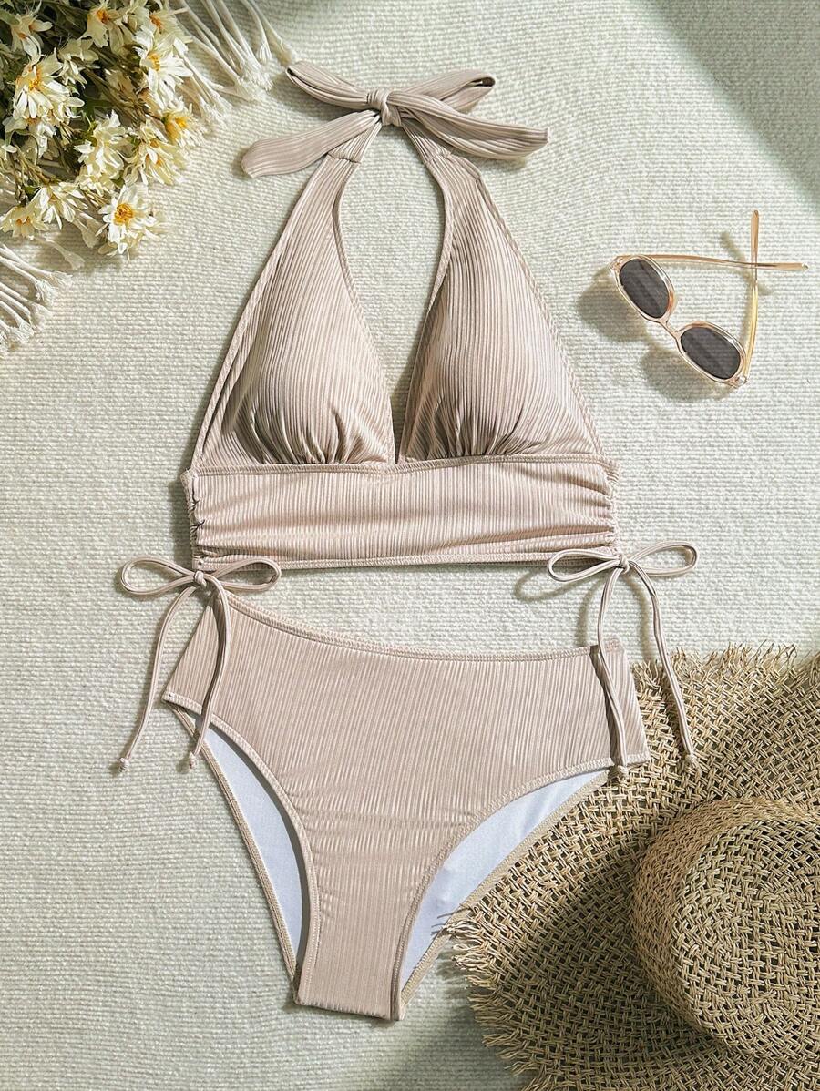 Swim Chiccia Bikini de un solo color sencillo para vacaciones en la playa - Caqui - Ver 1