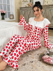 CottageSlumber Ladies Romantic Countryside Strawberry Pattern Ruffle Trim Long Sleeve Top & Pants Pajamas Set, For Valentine's Day - Multicolor - View 6