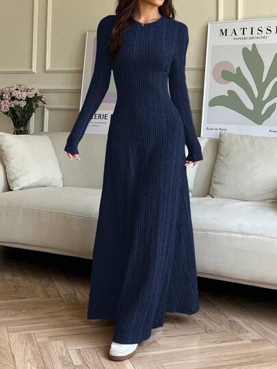 SHEIN EZwear Women's Casual Plain Knit Round Neck Dress, Autumn/Winter