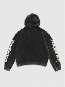 ROMWE MEN Street Life Retro Graffiti Portrait Graphic Washed Hoodie, Casual Men High Street Style - Black - View 2