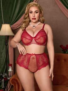 PinupPomp 大码复古宫廷风蕾丝文胸套装带钢圈，舒适有弹性，情人节内衣 - 酒紅色 - 查看 6