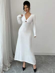 Elenzga Women Long Sleeve Bodycon Dress, Elegant V-Neck Hollow Metal Ring Cocktail Party Maxi Sweater Dress Fall Cloth For Women - White - View 3