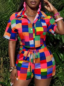 Slaydiva Summer Color Plaid Drop Shoulder Patch Pocket Shirt & Shorts,Vacation - Multicolor - View 2