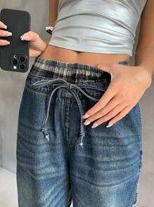 SHEIN EZwear Pantalones vaqueros rectos y sueltos con diseño de lazo de cintura a cuadros, apropiados para uso diario - Azul - Ver 5