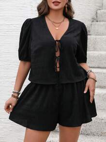 SHEIN VCAY VCAY Plus Size Short Sleeve Tie Front Shirt With Shorts 2Pcs Set Valentines Clothesvacation Outfits Woman Summer Outfits For Women Going Out Tops Women Spring Outfits For Women Teacher Outfits For Women Beach Vacation Outfits Tropical Vacation Woman Clothes,Holiday Outfits - Black - View 3