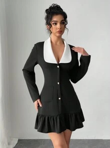 Chiquease Basic Black & White Contrast Pearl Button Decor Long Sleeve Mini Dress For Women - Black and White - View 5