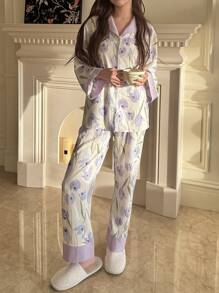 SHEIN 少女郁金香花朵印花领口袋衬衫和裤子宽松休闲睡衣套装，2 件套 - 淡紫色 - 查看 4