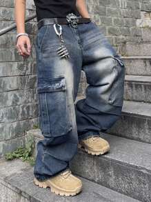 Manfinity EMRG Men's Casual Water-Washed Loose Fit Cargo Jeans - Blue - View 7