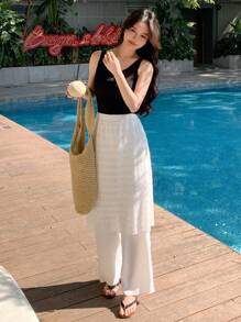 DAZY Casual Vacation Solid Color Contrast Lace 2 In 1 Women Long Pants, Spring/Summer - White - View 8