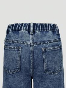 SHEIN Explorewe Tween Girl Casual Loose Grey Rhinestone Wash Wide Leg Jeans - Dark Wash - View 6