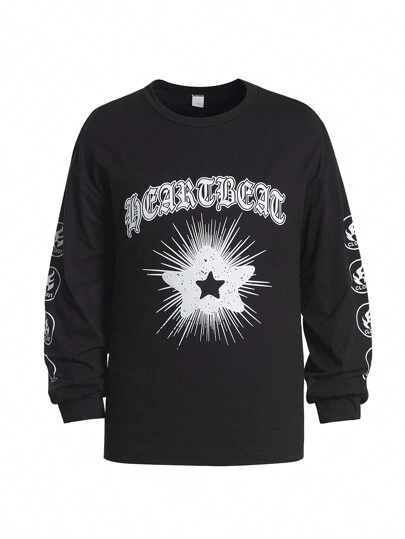 Tween Girl 宽松星形印花圆领黑色长袖 T 恤，星形印花设计象征着梦想和希望，使 T 恤看起来更加生动有趣。适合春季、秋季或凉爽的夏季，长袖设计既温暖又时尚