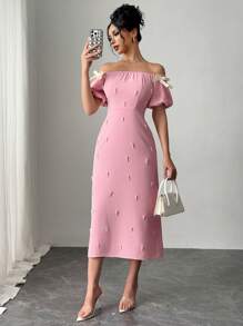 Rafferiza Vestido elegante con escote descubierto, lazo y decoración de perlas falsas
