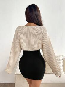 SHEIN EZwear 女式黑色休闲单件罗纹针织蝙蝠袖耸肩开衫秋冬款 - 杏色 - 查看 2