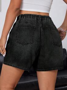 SHEIN ICON Plus Size Casual Washed High-Waist Denim Shorts - Black - View 2