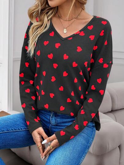EMERY ROSE Valentine's Day Spring Solid V Neck Drop Shoulder Waffle Knit Tee