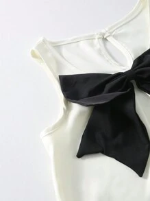 SHEIN Elegantes, minimalistisches ärmelloses, locker geschnittenes Farbblock-Lässig-Kleid mit Schleifendesign, rundem Ausschnitt, mädchenhafter Optik, geeignet für Mädchen im Sommer - Beige - Übersicht 6