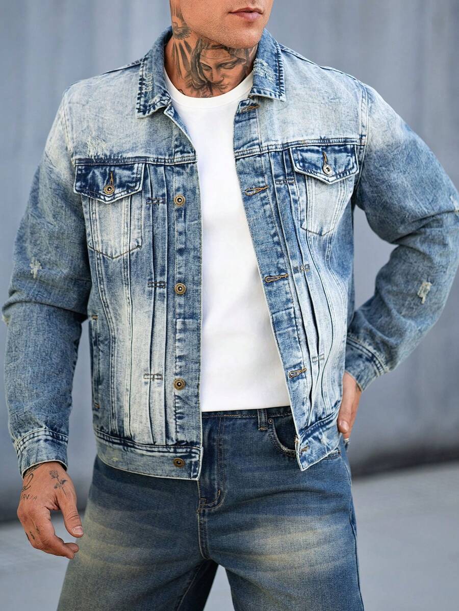 Manfinity Homme 男士前扣长袖口袋简约休闲牛仔夹克 - 淺色水洗藍 - 查看 1