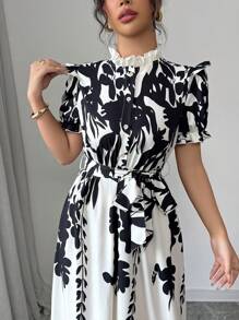 Calvaya Plant Print Stand Collar Ruffle Trim Empire Waist Women Short Sleeve Dress