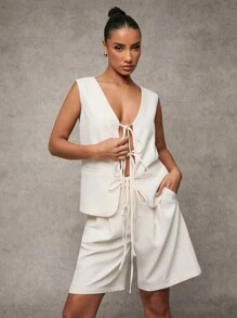 SHEIN BAE 女士优雅纯米色无袖面料系带蝴蝶结宽松背心、女士情人节装、女士生日装、女士夏季装、女士沙滩装 - 米色 - 查看 5