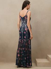 Anewsta 优雅花卉网络拼接印花V领美人鱼下摆细肩带连衣裙，适合情人节、夏季海滩度假、新年装 - 藍色 - 查看 2