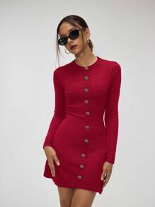 Forever 21 黑色罗纹紧身连衣裙，适合商务休闲，秋冬女士毛衣连衣裙 - 酒紅色 - 查看 6