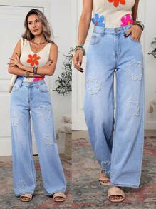 SHEIN Essnce 女士休闲牛仔裤，简约时尚，适合日常穿着 - 藍色 - 查看 1