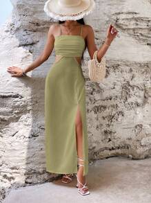 SHEIN VCAY Vacation Casual Solid Color Backless High Slit Strap Dress,Sage Green Dress - Mint Green - View 1