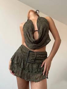 Aloruh Bộ 2 áo ba lỗ hở vai thanh lịch và chân váy ren cho nữ - xanh quân đội - Xem 3