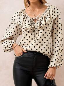 SHEIN Clasi Camisa elegante de manga larga para mujer con estampado de lunares en color albaricoque y negro, cuello con volantes y mangas acampanadas, adecuada para viajar y vacaciones en primavera y otoño, uso diario