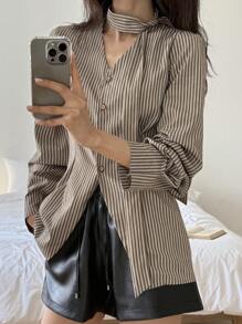 DAZY 女式 V 领收腰长袖衬衫，春夏秋装，秋季女装 - 卡其色 - 查看 1