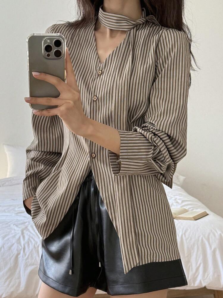Camisa de manga larga con cuello en V y cintura ceñida para mujer, ropa de mujer para primavera/verano/otoño