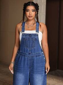 SHEIN EZwear Plus Size Loose Strap Buttoned Pocket Casual Denim Bib Pants - Medium Wash - View 5