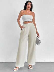 SHEIN PETITE Petite Women's Stylish Solid Color High Waist Straight Pant With Button And Zipper Details